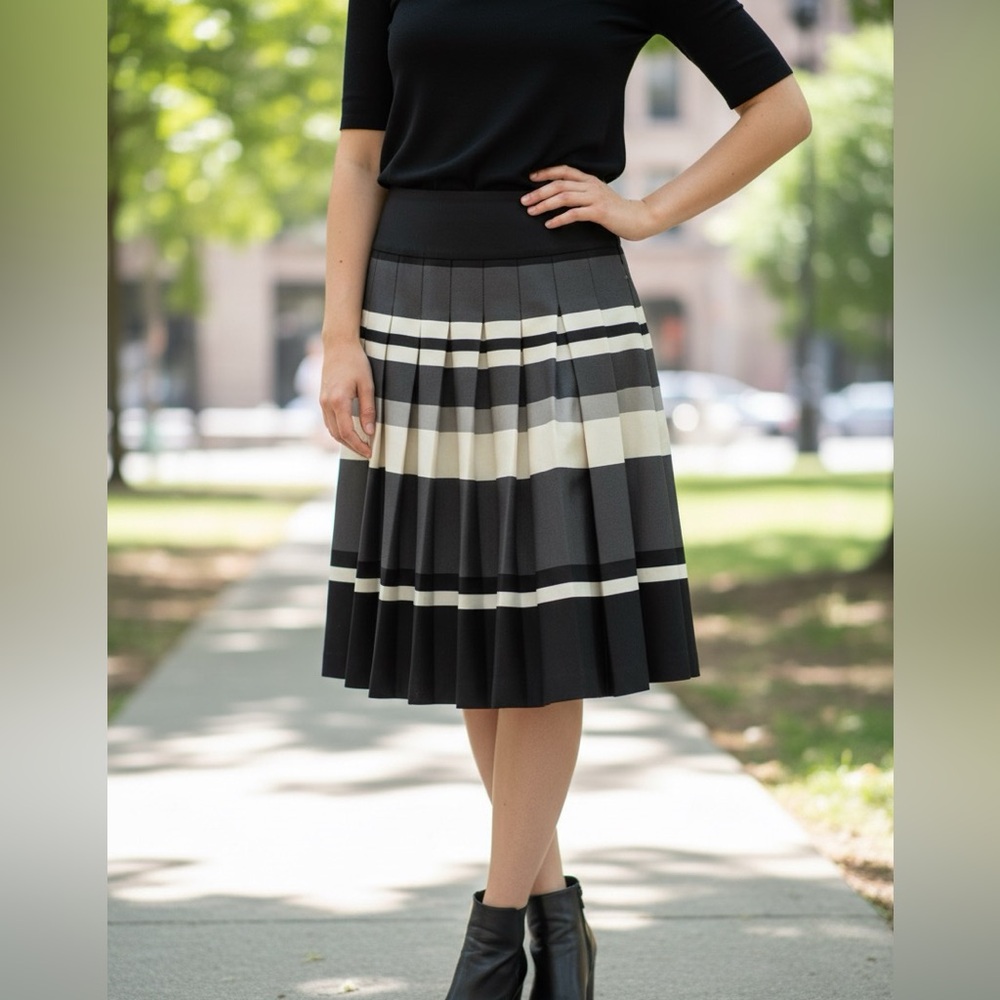H&M Black and Cream Striped A-Line Skirt size 6